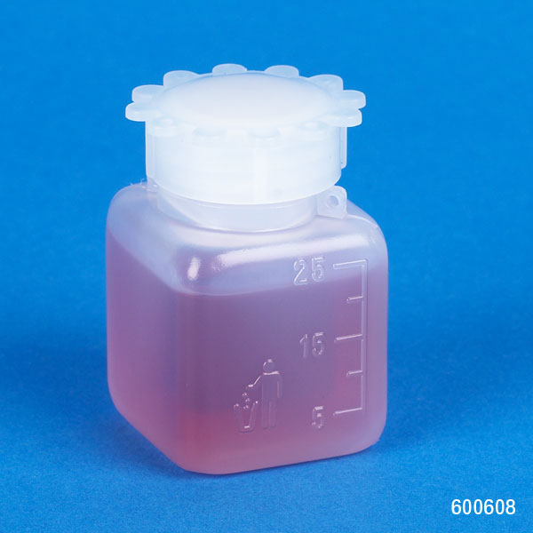 Globe Scientific Bottle with Screwcap, Wide Mouth, Square, Graduated, PE (Cap: PP), 25mL, 100/Bag, 5 Bags/Unit Image